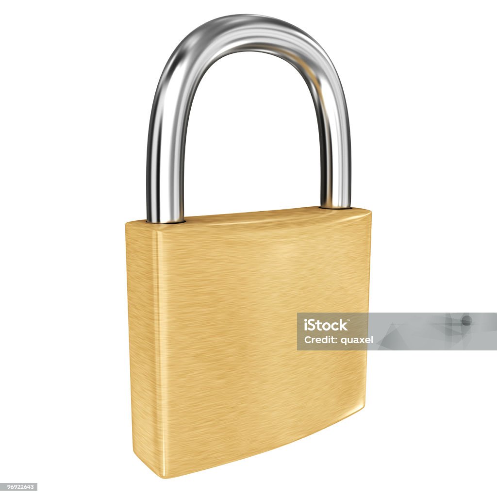 A golden padlock on a white background Shiny Golden Padlock. Color Image Stock Photo