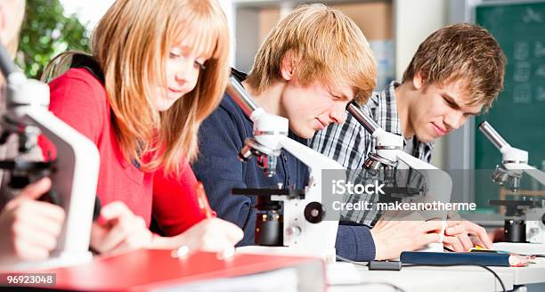 Foto de Alunos Trabalhando Com Microscópios e mais fotos de stock de Aluno de Universidade - Aluno de Universidade, Aprender, Aula de Biologia