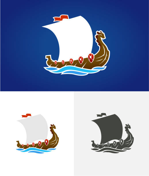 ilustrações de stock, clip art, desenhos animados e ícones de viking drakkar. sailing ship floating on the sea waves. hand drawn design element. old russian ship. vintage vector engraving illustration for poster, label, postmark. isolated on blue background - drakkar