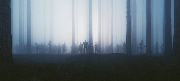 Zombie hordes in the forest at night.