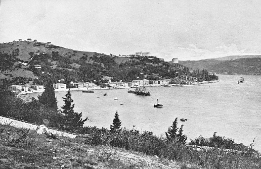 The european side of the Bosphorus strait in Istanbul, Turkey. Vintage halftone photo circa late 19th century.