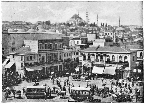 Galata in Istanbul, Turkey - Ottoman Empire High angle cityscape of the Galata area in Istanbul, Turkey. Vintage halftone photo circa late 19th century. galata photos stock pictures, royalty-free photos & images