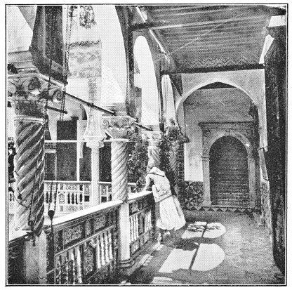 An interior courtyard of a luxurious home in Istanbul, Turkey. Vintage halftone photo circa late 19th century.