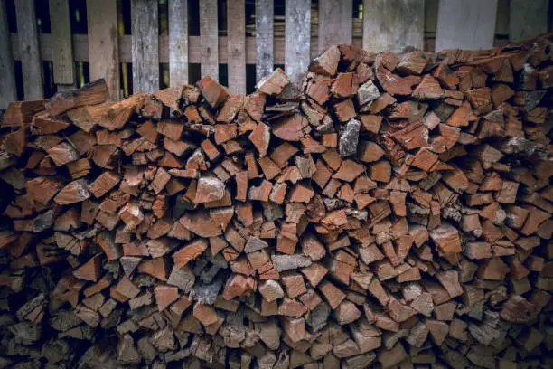 Preparation of firewood for the winter.background, Stacks of wood in the forest. use for cooking