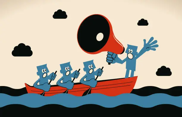 Vector illustration of Leadership and teamwork concept, business leader with megaphone and group of businessmen rowing with oar on boat