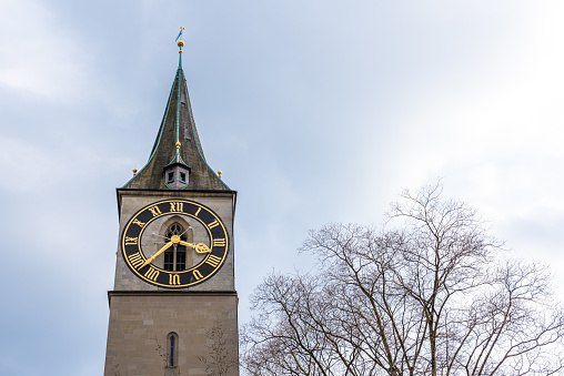 Spire of St Peter's Evangelical Church in Schlüsselgasse, Zü\nrich, Switzerland