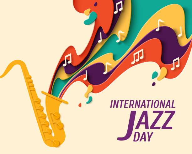 International Jazz Day vector background International Jazz Day - music paper cut style poster for jazz festival or night blues retro party with saxophone and notes. Vector paper craft vintage music background sax arts and crafts stock illustrations