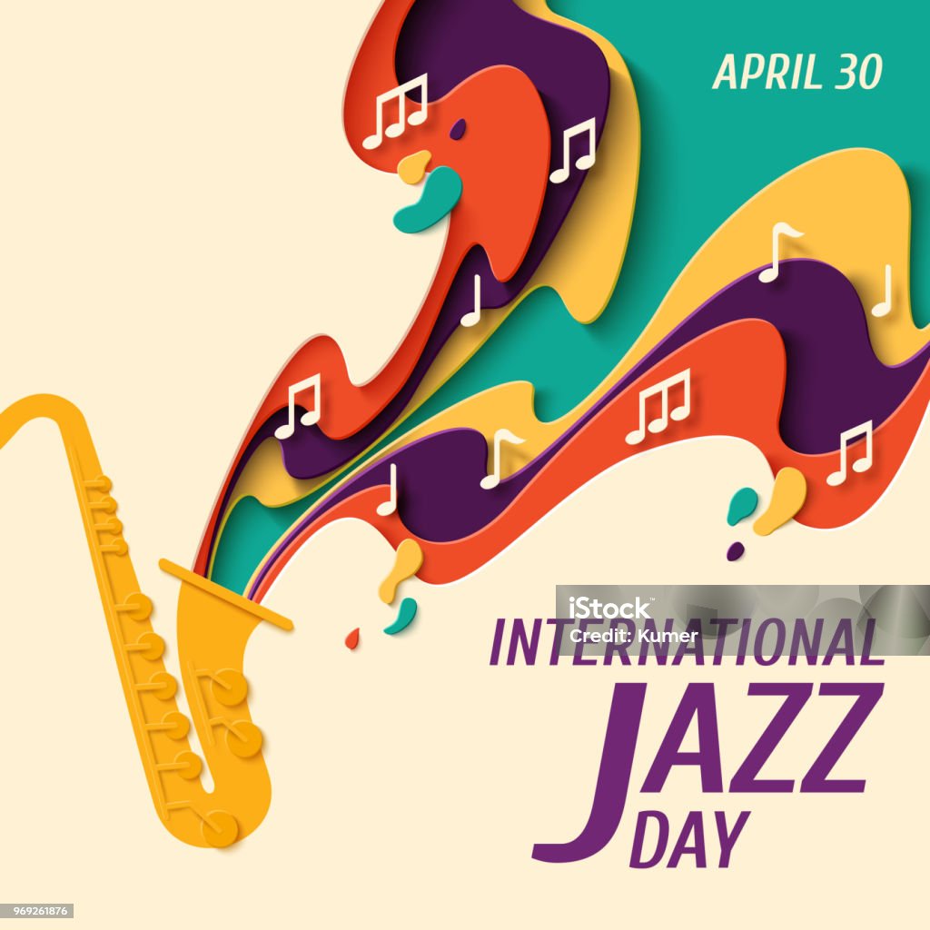 International Jazz Day vector background International Jazz Day - music paper cut style poster for jazz festival or night blues retro party with saxophone and notes. Vector paper craft vintage music background Jazz Music stock vector