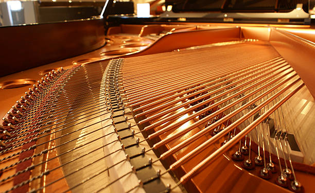 A close-up image of the inside of a piano Inside                     musical instrument string stock pictures, royalty-free photos & images