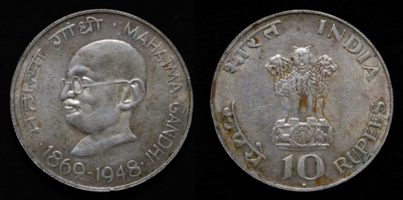 Old large sized ten rupee silver coin brought out in memory of Mahatma Gandhi