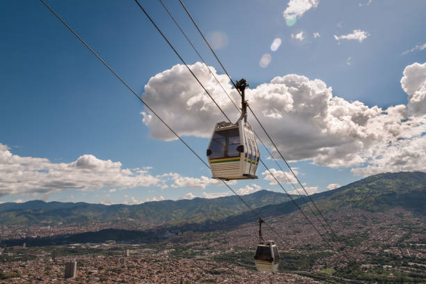 Medellin cable car. Colombia Medellin cable car with city in background on a sunny day. Medellin Colombia overhead cable car stock pictures, royalty-free photos & images