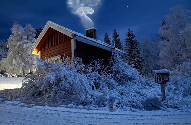 사우나 겨울 달빛 - cabin log log cabin winter 뉴스 사진 이미지