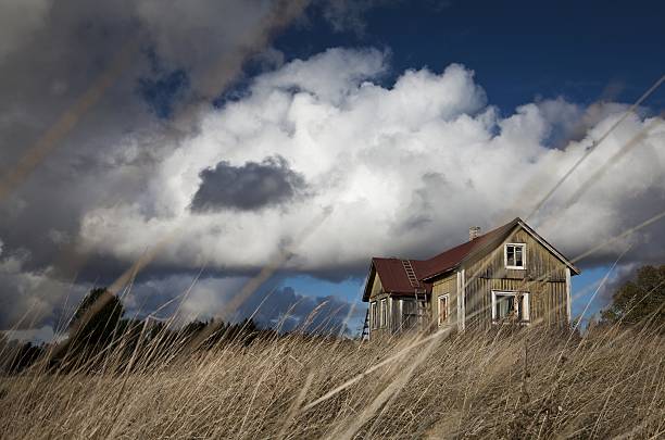 Typical wooden house in Sweden during winter, early morning.