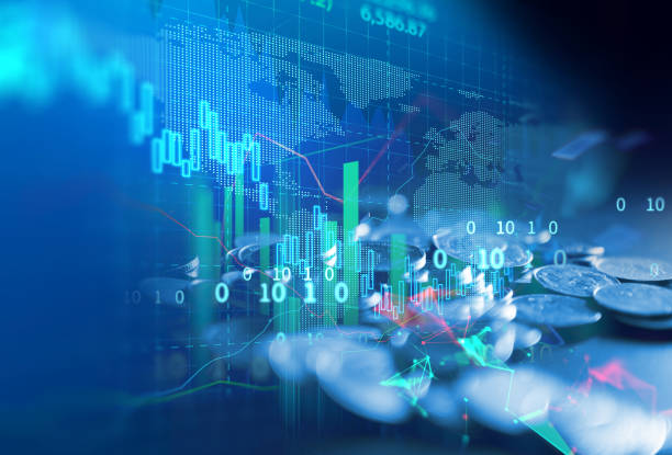 istock pile of coins on technology financial graph background. 969319270