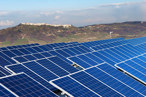 Landscape with solar panel installation stock photo