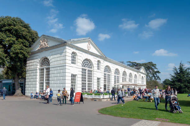 The classic white building of The Orangery restaurant and cafe setting among lush botanic area at Kew Gardens in Richmond upon Thames, England London, UK - April 2018: The classic white building of The Orangery restaurant and cafe setting among lush botanic area at Kew Gardens in Richmond upon Thames, England kew gardens spring stock pictures, royalty-free photos & images