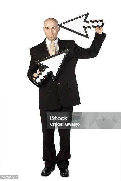 Man With 2 Mouse Arrows Stock Photo - Download Image Now - Adult, Aiming, Arrow Symbol