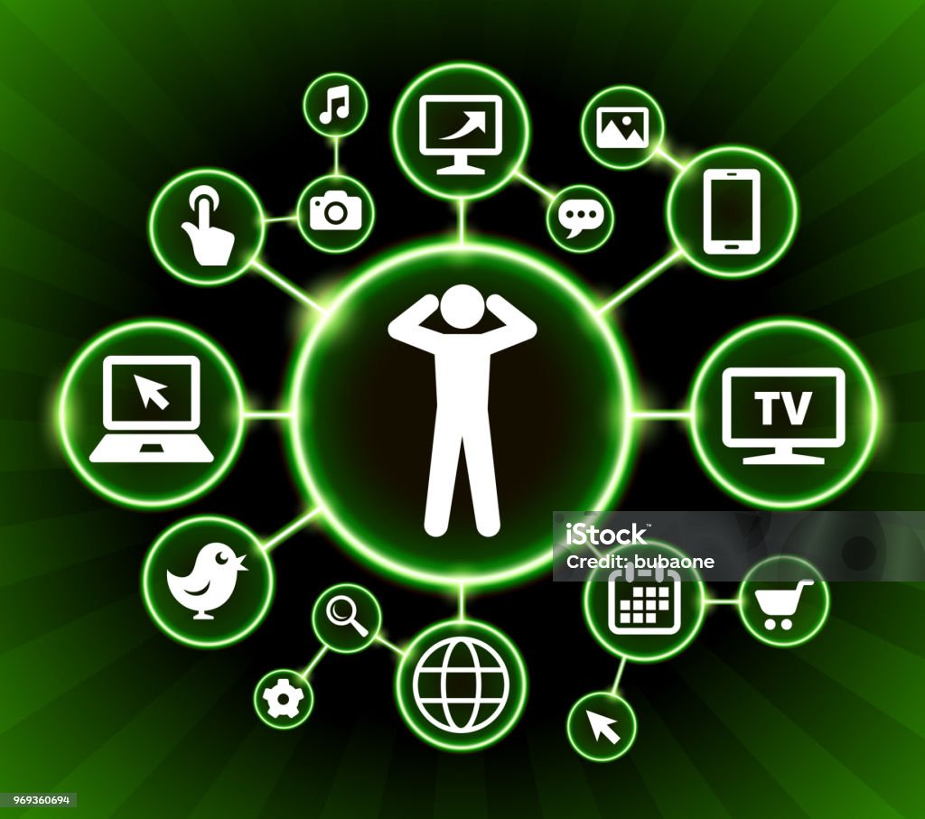 Headache Internet Communication Technology Dark Buttons Background Headache Internet Communication Technology Dark Buttons Background. The main icon is placed inside a glowing green circle in the center of this 100% royalty free vector illustration. It is connected to a network of sixteen additional circles with technology and computer internet communication icons on them. These icons include various devices ranging from cell phone to computer monitor. The background of the illustration is  black with glowing green gradient. Arrow Symbol stock vector