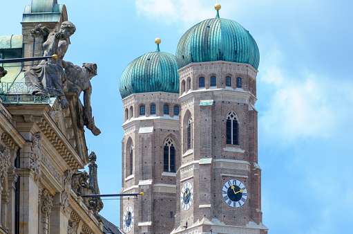 Close up view of the Frauenkirche in Munich near Marienplatz