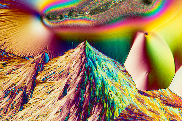 micrographie abstraite de cristaux d’acide ascorbique dans les tableaux brillants. - scientific micrograph science bee abstract photos et images de collection