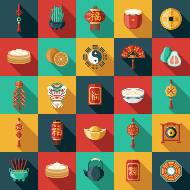 ilustraciones, imágenes clip art, dibujos animados e iconos de stock de conjunto de iconos de diseño plano de año nuevo chino - yin yang symbol illustrations