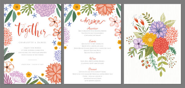 Invitation and Card Design Set_15 Wedding invitation and menu design template with floral wreath. Vector illustration. floral menu card stock illustrations