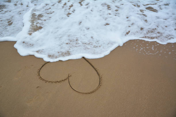 Two connected hearts drawn on wet sand