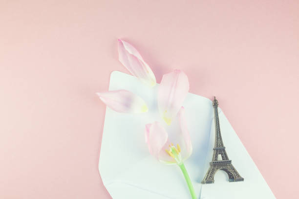 istock Pink tulip in envelope with eiffel tower miniature 969407940