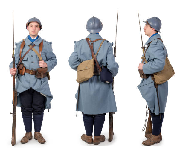 istock French soldier 1914 1918, November 11th, front, back and side view, isolated on the white background 969408466