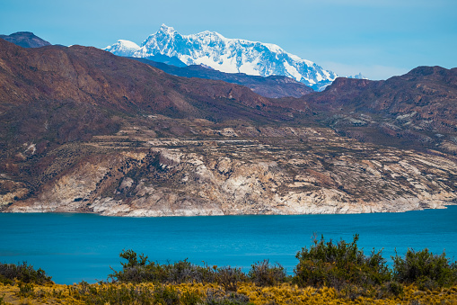 Patagonian landscape with mountains and blue lake. Argentina
