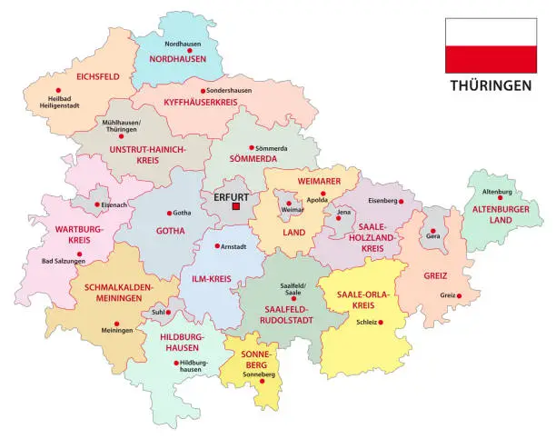 Vector illustration of thuringia administrative and political map with flag