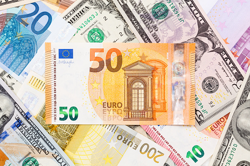 Many euro and dollar, close up. High resolution photo.