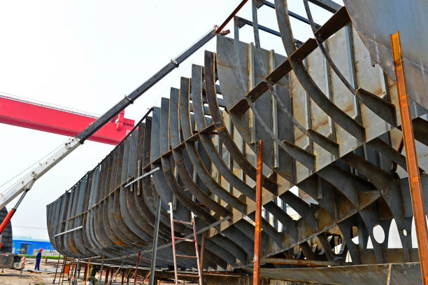 Ship building yard at shipbuilding construction dock in a hangar