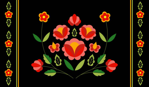 폴란드 민속 패턴 벡터입니다. 꽃 민족 장식입니다. slavic 동부 쪽 유럽 인쇄입니다. 보헤미안 허리 베개 케이스, 집시 인테리어 직물, 양탄자, boho 포스터, 테이블 주자 자 수 꽃 디자인. - polka dancing stock illustrations