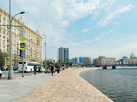 Moscow, Russia - May 05, 2018: street traffic on Krasnopresnenskaya embankment in Moscow downtown