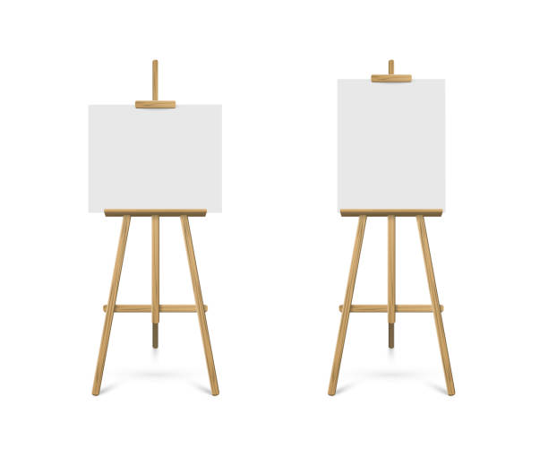 Easels with horizontal and vertical paper sheets. Vector realistic design elements. Easels with horizontal and vertical paper sheets. Vector realistic design elements. tripod stock illustrations