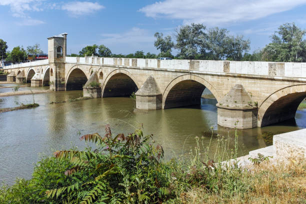 Bridge from period of Ottoman Empire over Tunca River in city of Edirne, East Thrace, Turkey stock photo