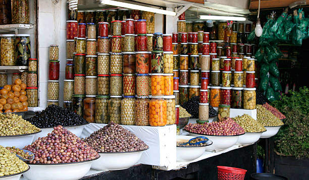 istock Moroccan market stand with olives and jars 96943861