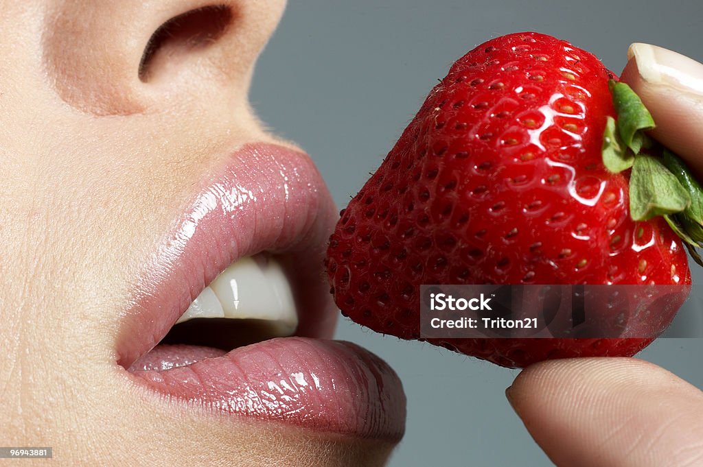 Strawberry Lips Lips w/strawberry Adult Stock Photo