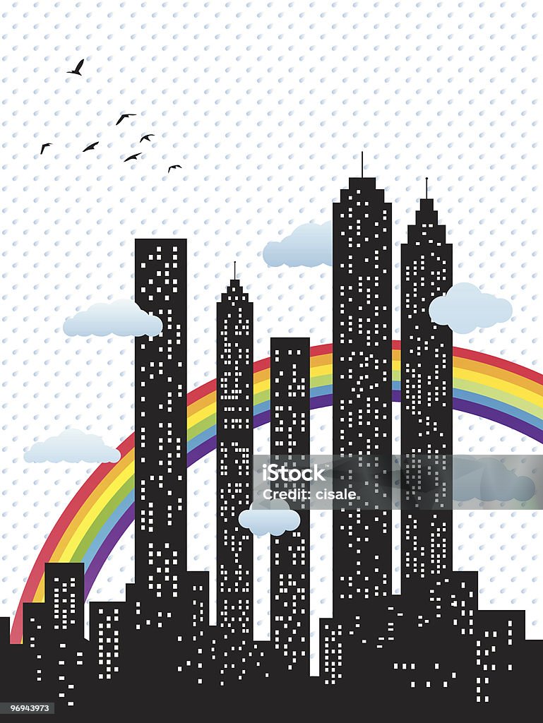 Городской пейзаж в дождь, rainbow в осень, зима иллюстрация силуэт - Векторная графика Аренда дома роялти-фри