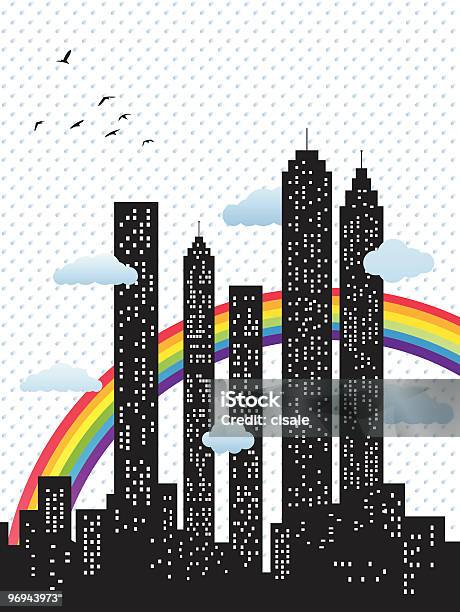 Городской Пейзаж В Дождь Rainbow В Осень Зима Иллюстрация Силуэт — стоковая векторная графика и другие изображения на тему Аренда дома
