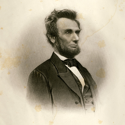 Vintage engraving of Abraham Lincoln, after a photograph made in early 1865. Stains and age spots are authentic and add to the character of the portrait. Published in an 1872 book, the image is now in the public domain. Digital restoration by Steven Wynn Photography.