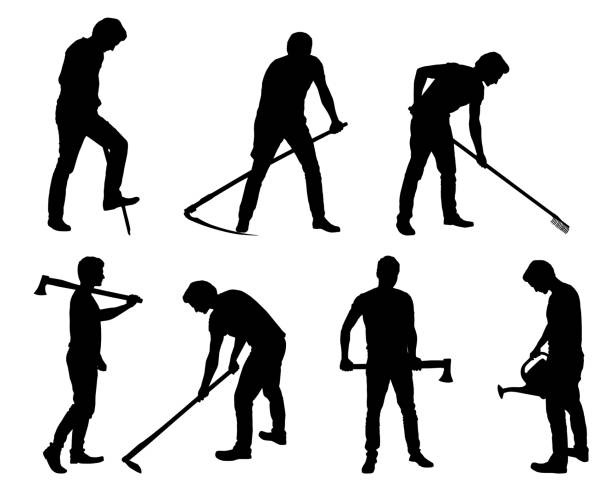 Set silhouette of young man - gardener or farmer with tools in different poses - vector Set silhouette of young man - gardener or farmer with tools in different poses - vector farmer silhouettes stock illustrations