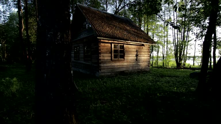 Old wooden house in the woods near the lake Svir at sunrise