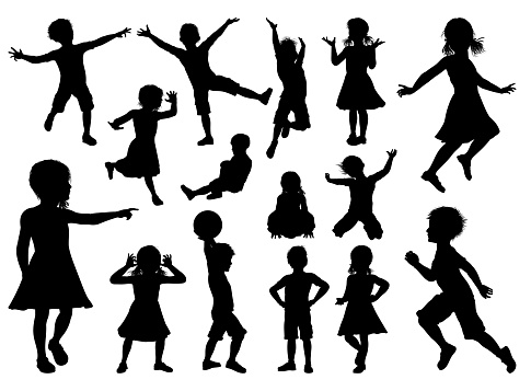 A high quality detailed set of kids or children in silhouette playing and having fun