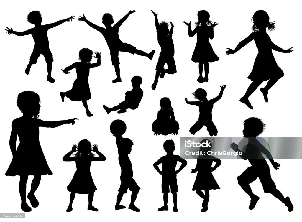 Children Silhouette Set A high quality detailed set of kids or children in silhouette playing and having fun Child stock vector