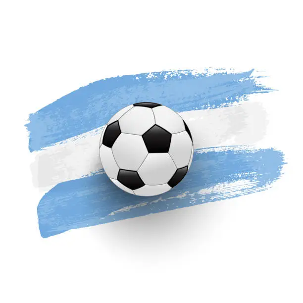 Vector illustration of Realistic soccer ball on flag of Argentina made of brush strokes. Vector design element.