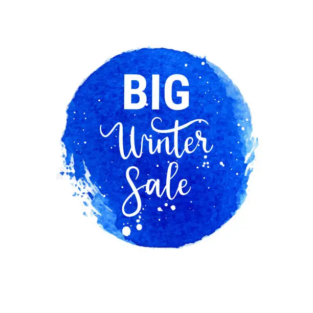 Vector illustration of Vector Big Winter sale hand lettering calligraphy label and shape on white background. Hand drawn watercolor blue stain