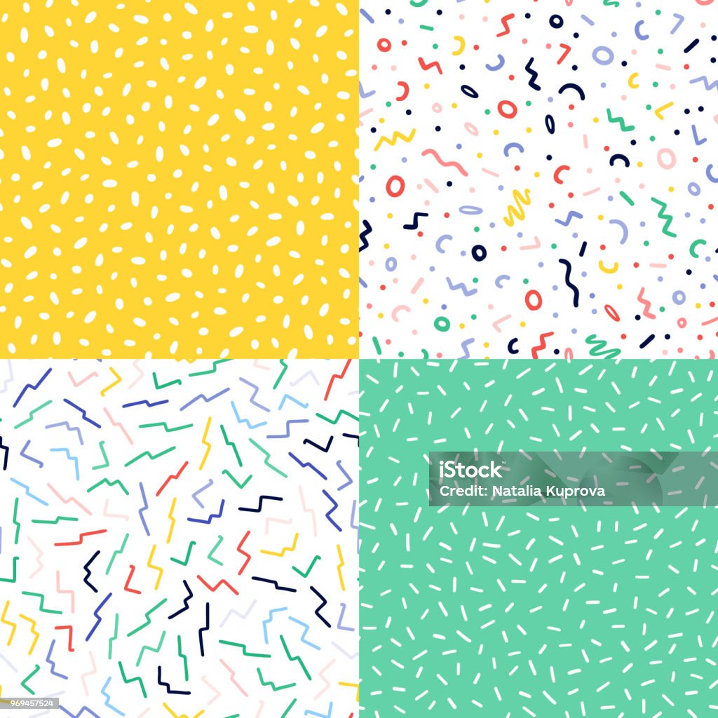 Hand drawn colorful abstract confetti seamless pattern set. Pop art fashion festival abstract background in  style. Pattern stock vector