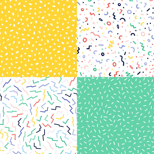 Hand drawn colorful abstract confetti seamless pattern set. Pop art fashion festival abstract background in  style. Hand drawn colorful abstract confetti seamless pattern set. Pop art fashion festival abstract background in  style. child illustrations stock illustrations